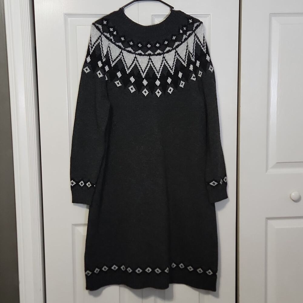 Ellos Women's Gray White & Black Fair Isle Knee Length Sweater Dress Size Med